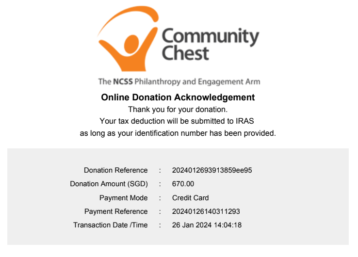 Community Chest Singapore donation receipt